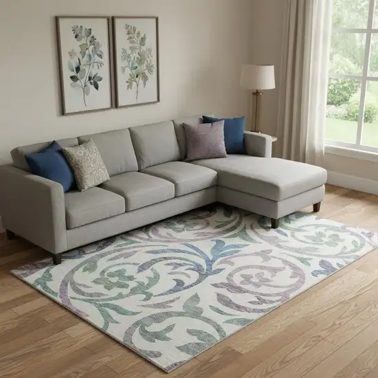 White Sage And Mauve Floral Washable Area Rug With UV Protection Photo 1