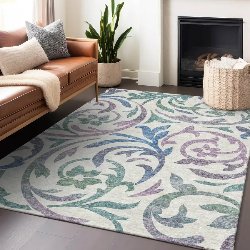 White Sage And Mauve Floral Washable Area Rug With UV Protection Photo 6