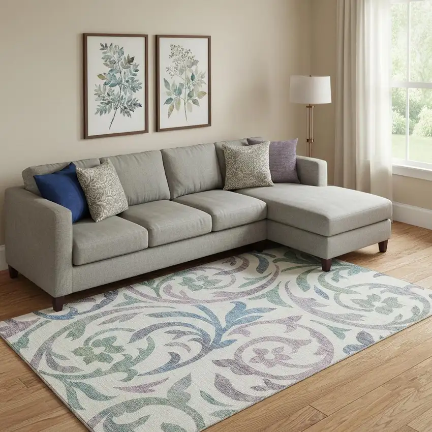 White Sage And Mauve Floral Washable Area Rug With UV Protection Photo 1