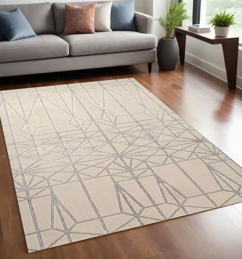 White Silver And Gray Geometric Stain Resistant Area Rug Photo 1