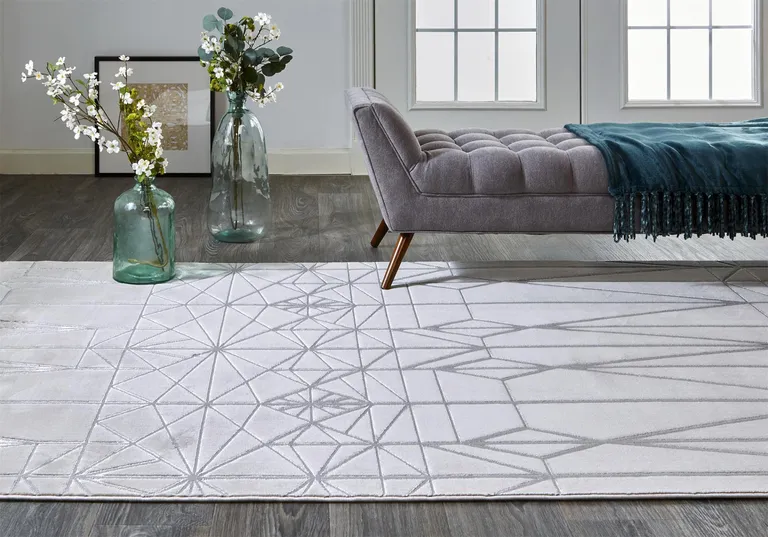 White Silver And Gray Geometric Stain Resistant Area Rug Photo 5