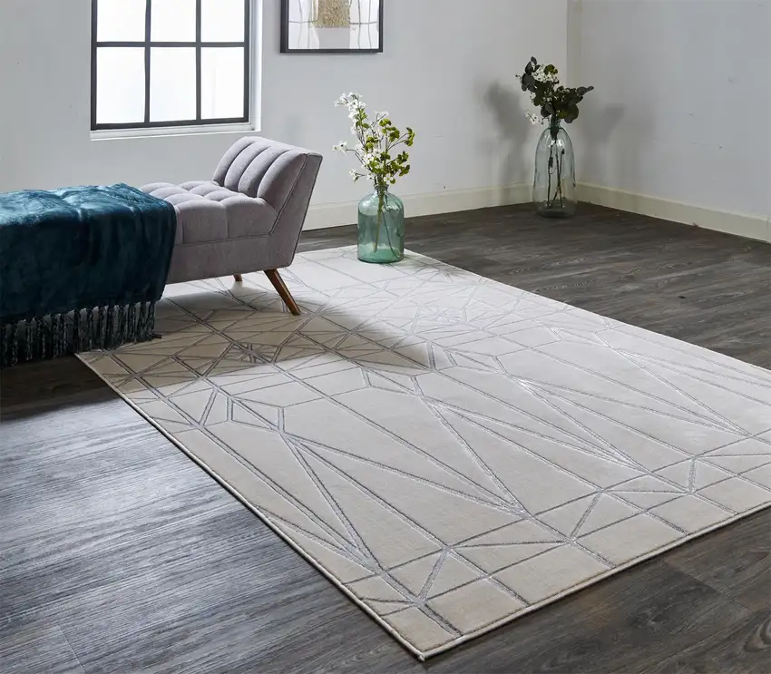 White Silver And Gray Geometric Stain Resistant Area Rug Photo 7