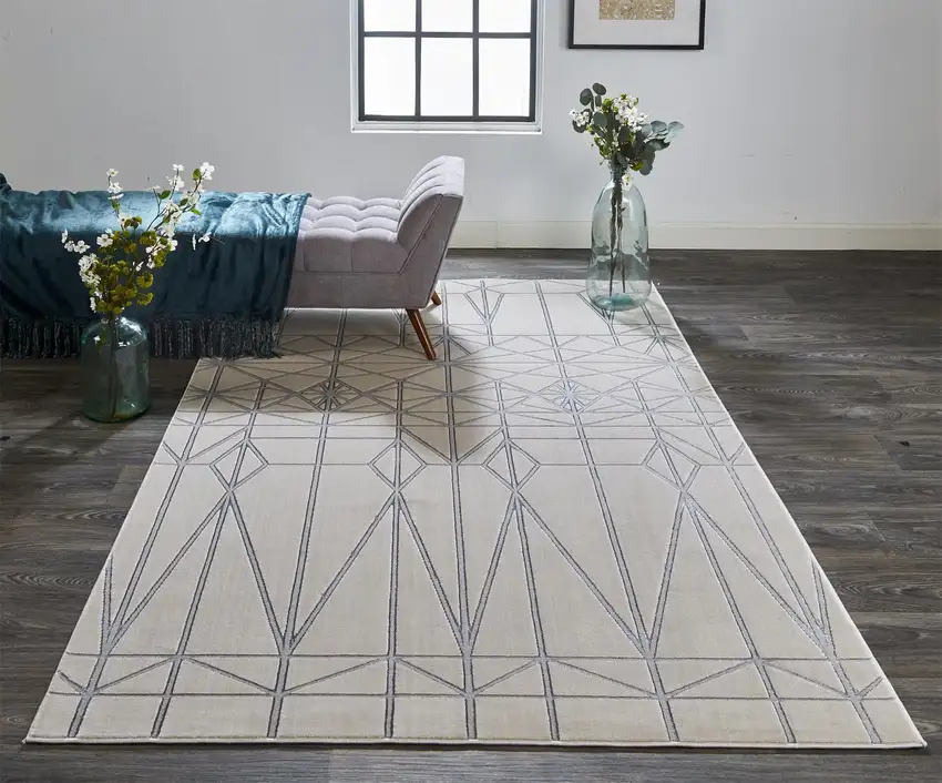 White Silver And Gray Geometric Stain Resistant Area Rug Photo 8