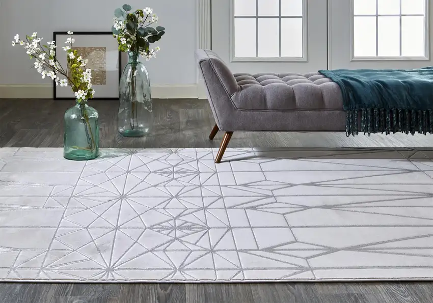 White Silver And Gray Geometric Stain Resistant Area Rug Photo 6