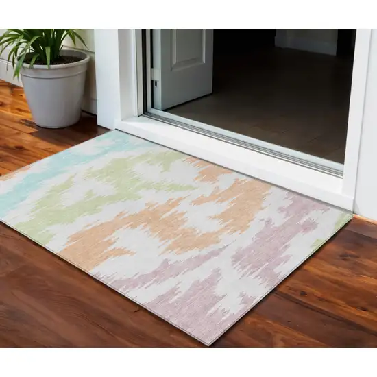 White Sky Blue And Artichoke Green Abstract Washable Indoor Outdoor Area Rug Photo 1