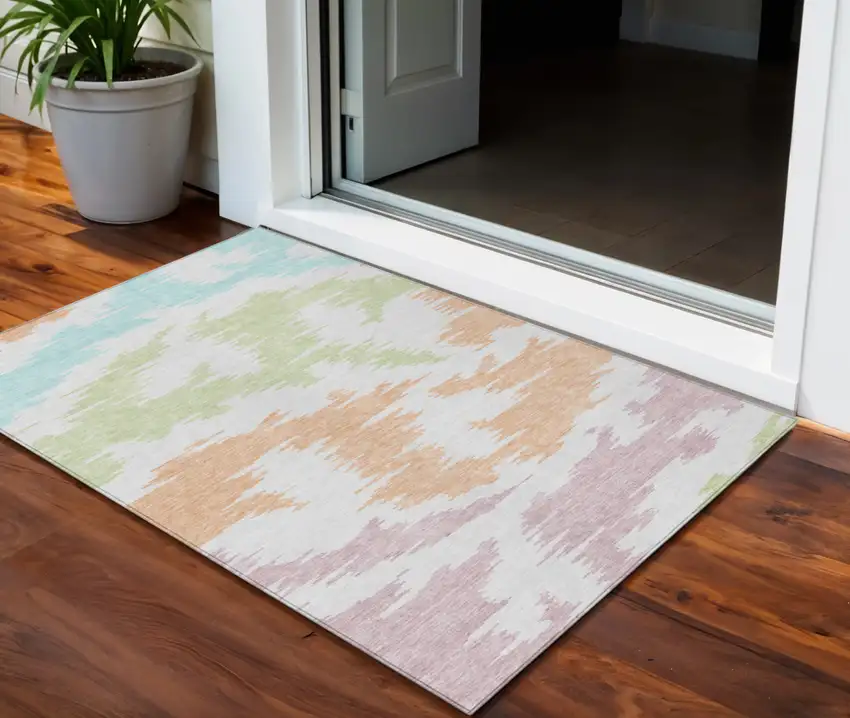 White Sky Blue And Artichoke Green Abstract Washable Indoor Outdoor Area Rug Photo 1