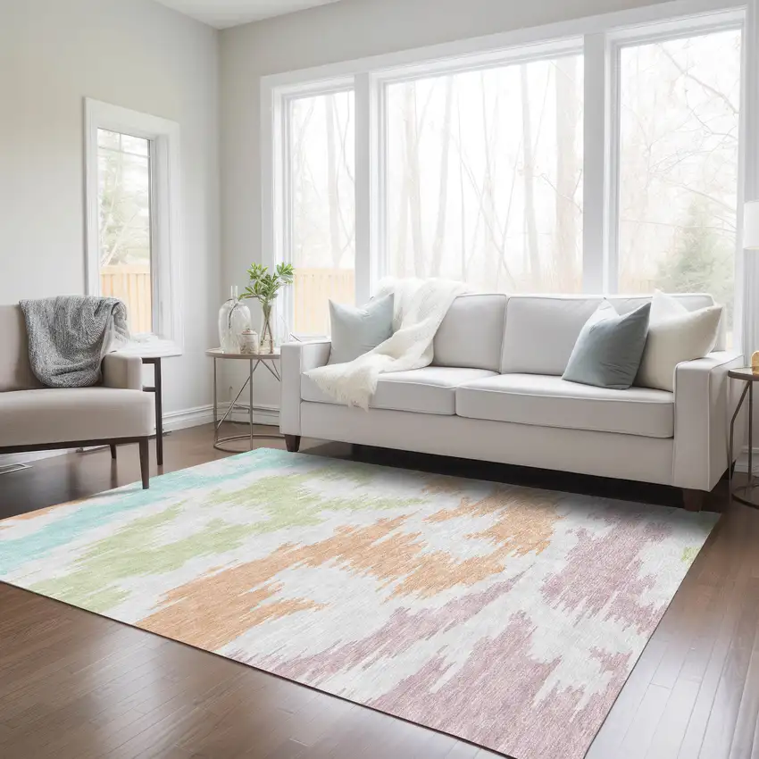 White Sky Blue And Artichoke Green Abstract Washable Indoor Outdoor Area Rug Photo 9