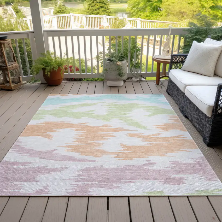 White Sky Blue And Artichoke Green Abstract Washable Indoor Outdoor Area Rug Photo 8