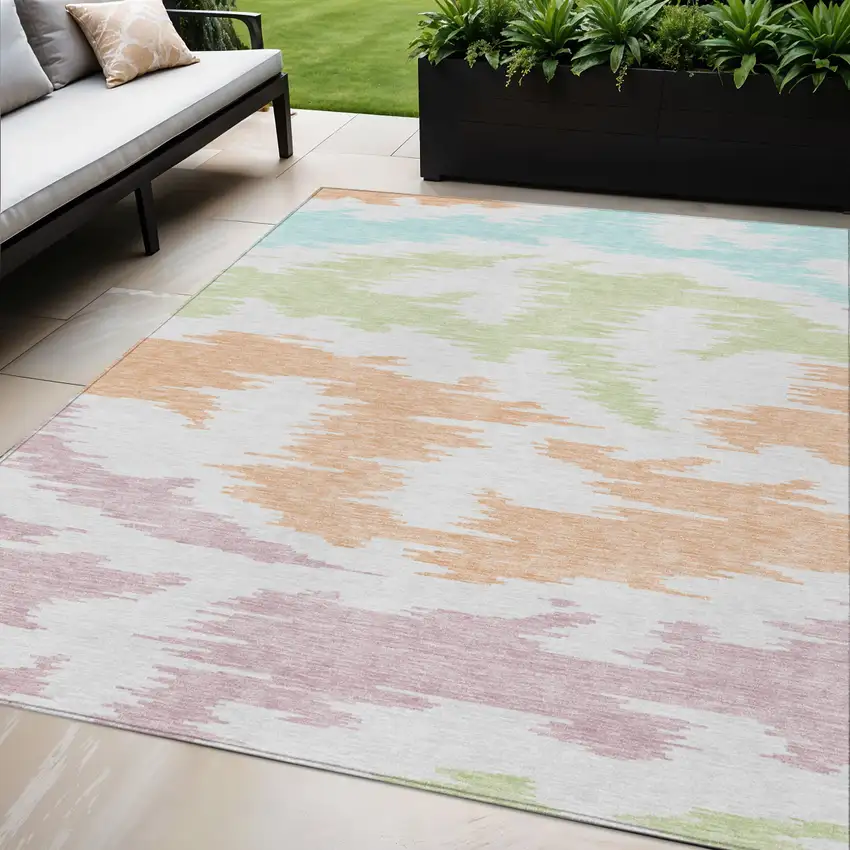 White Sky Blue And Artichoke Green Abstract Washable Indoor Outdoor Area Rug Photo 1