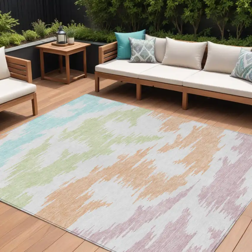 White Sky Blue And Artichoke Green Abstract Washable Indoor Outdoor Area Rug Photo 1
