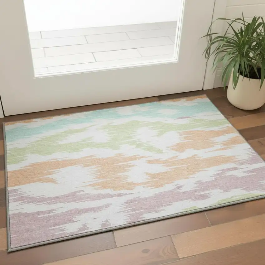 White Sky Blue And Peach Abstract Washable Area Rug With UV Protection Photo 2