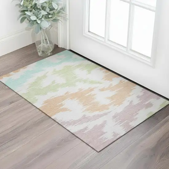 White Sky Blue And Peach Abstract Washable Area Rug With UV Protection Photo 1