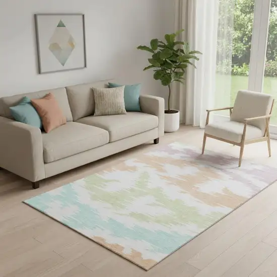 White Sky Blue And Peach Abstract Washable Area Rug With UV Protection Photo 1