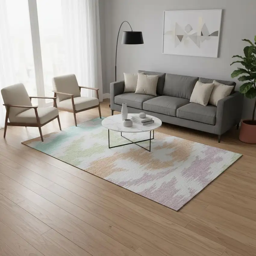 White Sky Blue And Peach Abstract Washable Area Rug With UV Protection Photo 2