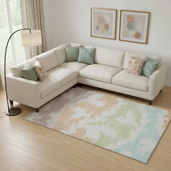 White Sky Blue And Peach Abstract Washable Area Rug With UV Protection Photo 1