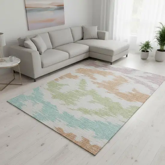 White Sky Blue And Peach Abstract Washable Area Rug With UV Protection Photo 2