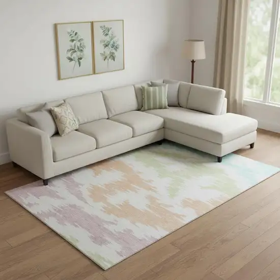 White Sky Blue And Peach Abstract Washable Area Rug With UV Protection Photo 1