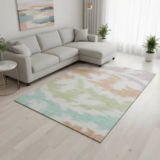 White Sky Blue And Peach Abstract Washable Area Rug With UV Protection Photo 2
