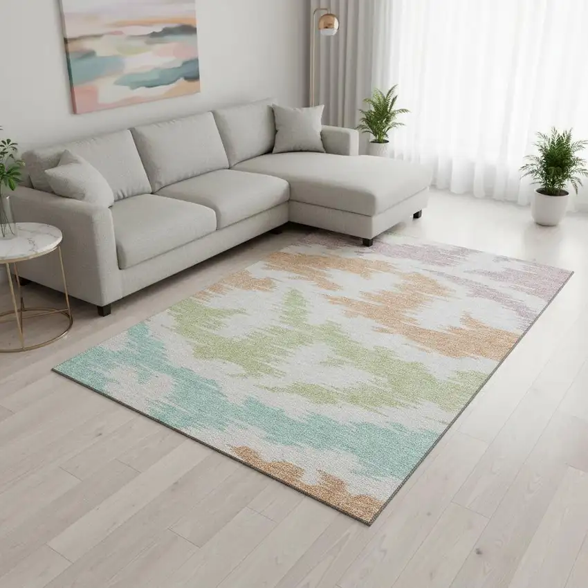 White Sky Blue And Peach Abstract Washable Area Rug With UV Protection Photo 2