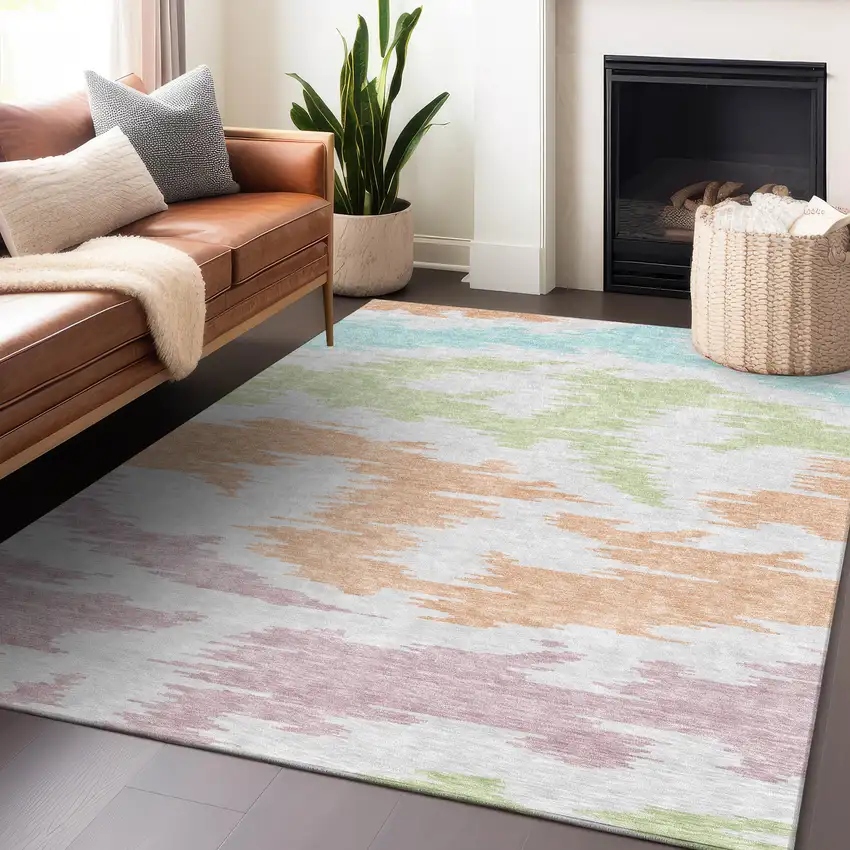 White Sky Blue And Peach Abstract Washable Area Rug With UV Protection Photo 6