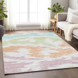 Photo of White Sky Blue And Peach Abstract Washable Area Rug With UV Protection