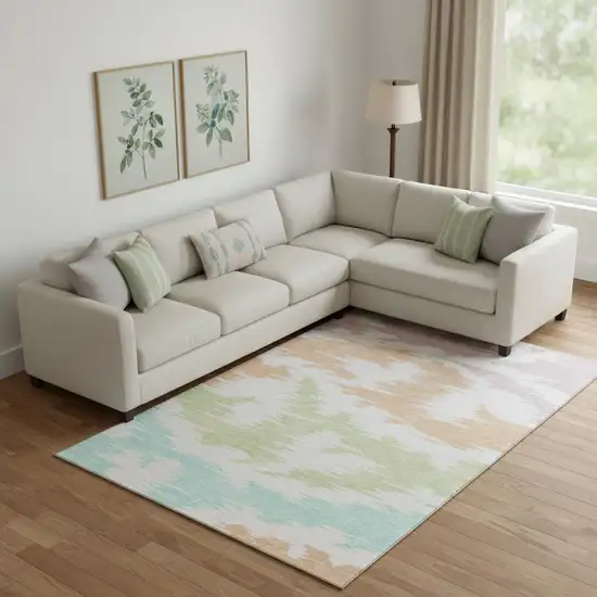 White Sky Blue And Peach Abstract Washable Area Rug With UV Protection Photo 1