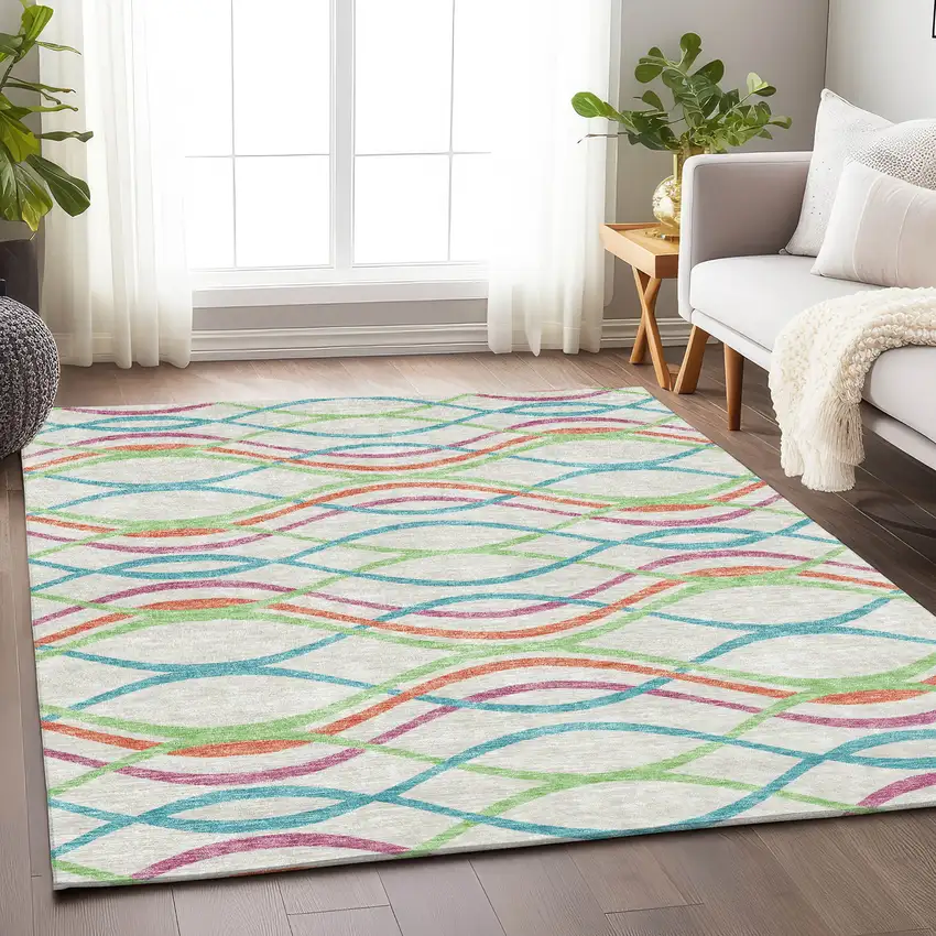White Teal And Green Abstract Washable Area Rug With UV Protection Photo 5