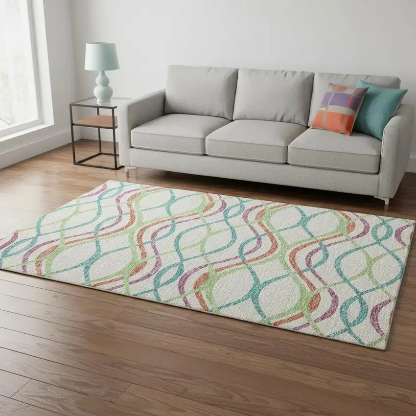 White Teal And Green Abstract Washable Area Rug With UV Protection Photo 2