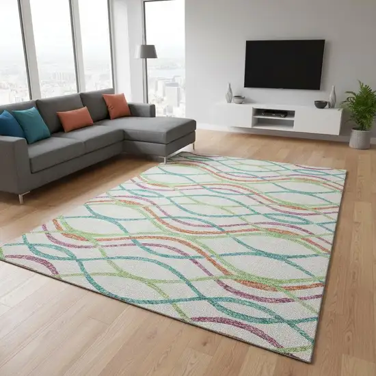 White Teal And Green Abstract Washable Area Rug With UV Protection Photo 2