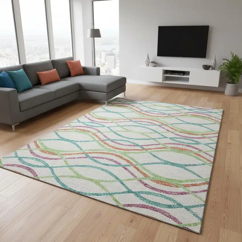 White Teal And Green Abstract Washable Area Rug With UV Protection Photo 2