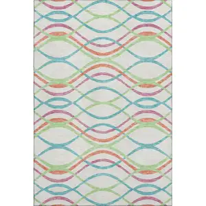 Photo of White Teal And Green Abstract Washable Area Rug With UV Protection