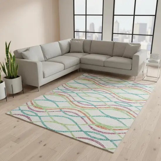 White Teal And Green Abstract Washable Area Rug With UV Protection Photo 2