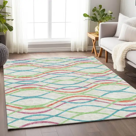 White Teal And Green Abstract Washable Area Rug With UV Protection Photo 5
