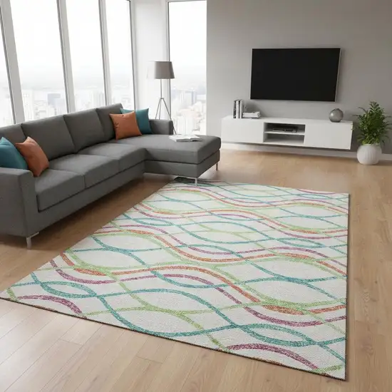 White Teal And Green Abstract Washable Area Rug With UV Protection Photo 2