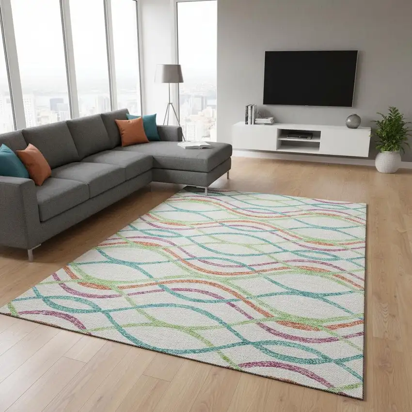 White Teal And Green Abstract Washable Area Rug With UV Protection Photo 2