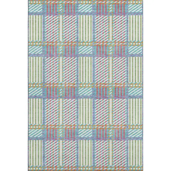 White Teal And Purple Plaid Washable Area Rug With UV Protection Photo 1