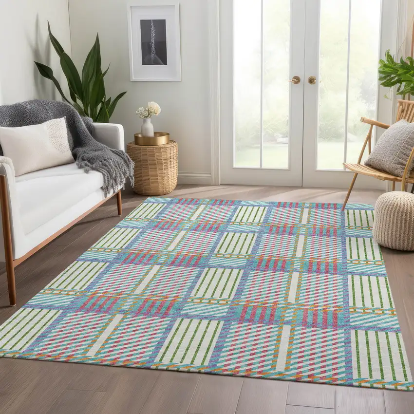 White Teal And Purple Plaid Washable Area Rug With UV Protection Photo 5