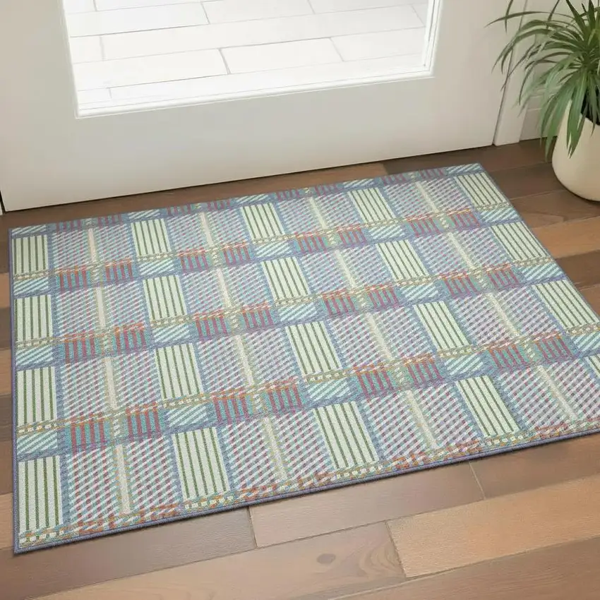 White Teal And Purple Plaid Washable Area Rug With UV Protection Photo 2