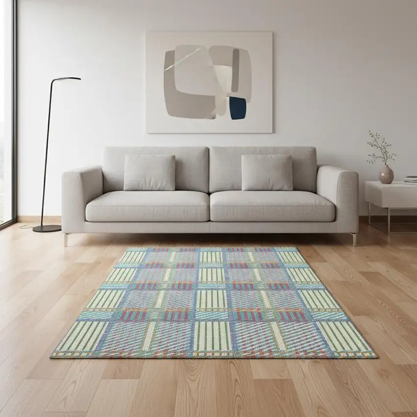 White Teal And Purple Plaid Washable Area Rug With UV Protection Photo 2