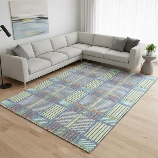 White Teal And Purple Plaid Washable Area Rug With UV Protection Photo 2