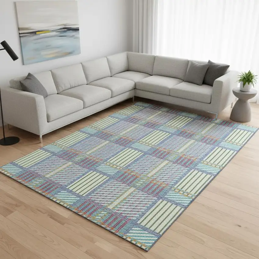 White Teal And Purple Plaid Washable Area Rug With UV Protection Photo 2