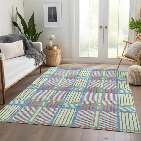 White Teal And Purple Plaid Washable Area Rug With UV Protection Photo 5