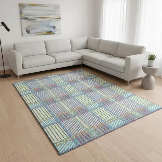 White Teal And Purple Plaid Washable Area Rug With UV Protection Photo 2