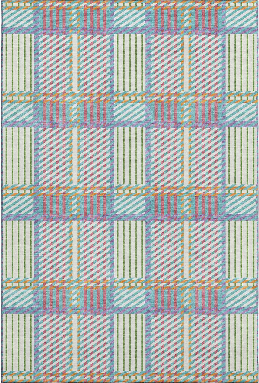 White Teal And Purple Plaid Washable Area Rug With UV Protection Photo 1