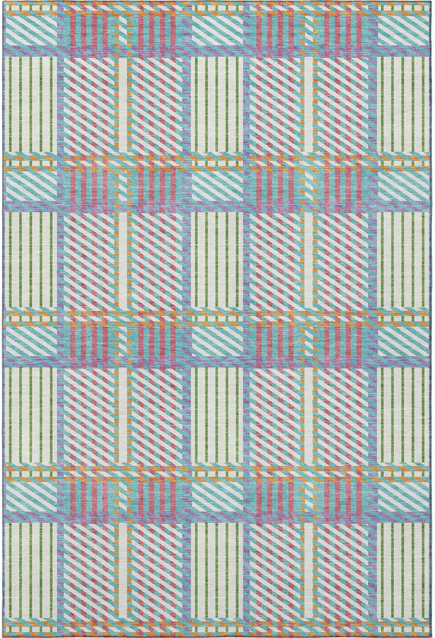 White Teal And Purple Plaid Washable Area Rug With UV Protection Photo 3