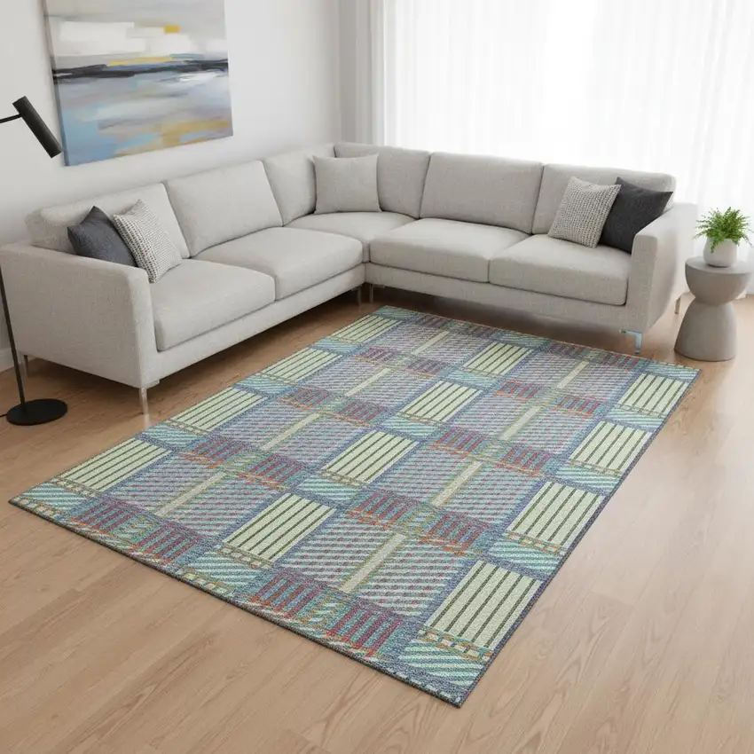 White Teal And Purple Plaid Washable Area Rug With UV Protection Photo 2