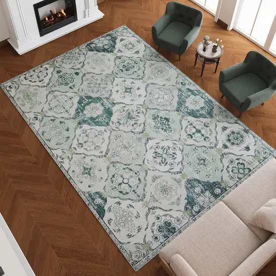 White Teal And Sage Quatrefoil Distressed Area Rug Photo 8