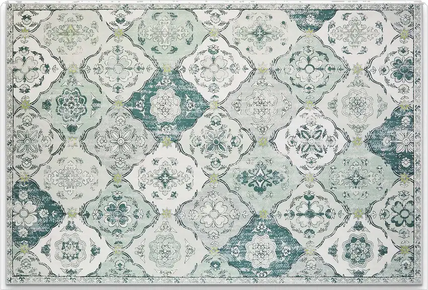White Teal And Sage Quatrefoil Distressed Area Rug Photo 2