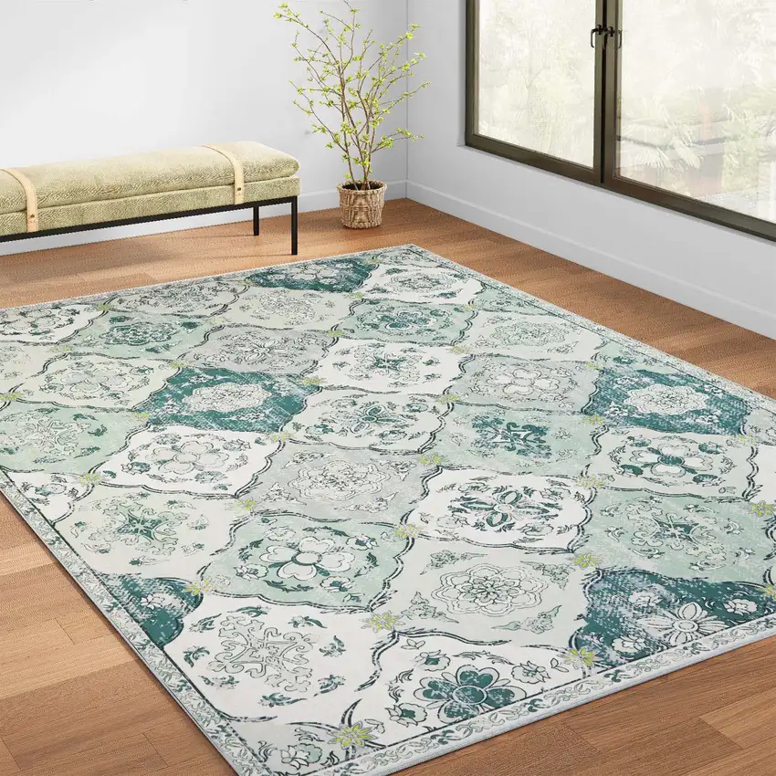 White Teal And Sage Quatrefoil Distressed Area Rug Photo 4