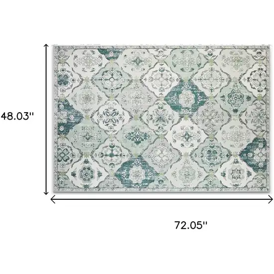 White Teal And Sage Quatrefoil Distressed Area Rug Photo 3